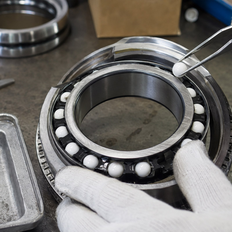 Hybrid bearing with white alumina ceramic balls in a steel raceway